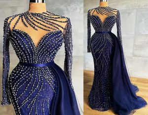 2022 Plus Size Arabic Aso Ebi Navy Blue Luxurious Prom Dresses Beaded Mermaid Lace Evening Formal Party Second Reception Gowns Dre6923789