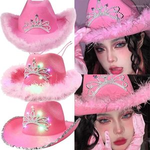 Basker kvinnors rosa västra cowgirl hatt flickor tiara fjäder kände västerländsk paljett cowboy mössa kostym fest klänning jazz mössor cosplay rekvisita