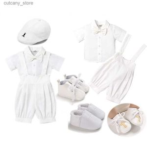 T-shirts Baby Clothes Boys and Girls White Set for Boy Gentleman Suit Tops Pants Shoes Hat 1st Birthday Outfit Christening L240311