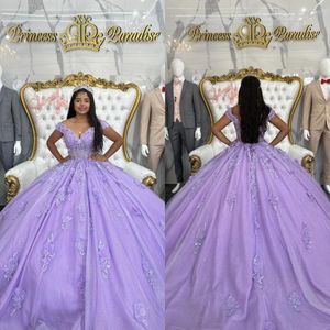 Lavanda viola principessa vestiti fuori spalla paillettes glitter Appliques Vestido de quinceanera tulle dolce 15 abito mascherato