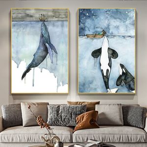 Orca pintura em aquarela baleia seascape arte da parede fotos cartaz e impressões pintura quadros arte para sala de estar decoração casa2442