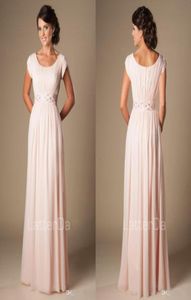 Blushing Pink Long Formal Full Length Modest Chiffon Beach Evening Bridesmaid Dresses With Cap Sleeves Beaded Ruched Bridesmaids D6246104