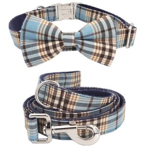 Blue Plaid Dog Collar Bow Tie Matchande ledning för 5Size för att välja Wedding Dog Gift Your Pet Y200515218T