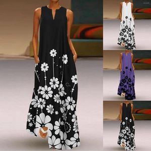 Casual Dresses Women Print V Neck Dress Summer Sleeveless Loose Maxi Boho Holiday Beach Long Sundress With Pockets Plus Size