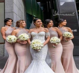 Sexy Halter Neck Long Bridesmaid Dresses Sleeveless Lace Top Mermaid Wedding Party Gowns Country Style Maid Of Honor Gowns46447344537272