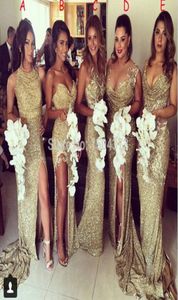 Gold Sequin Bridesmaid Dresses sjöjungfru MISMATCHED SEXY LÅNG Billiga bröllopsgästklänningar Applique Formell klänning3498223