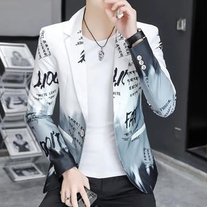 Män Slim Blazers Spring Trend Fashion Alphabet Print Suja Jacka Male Social Party Tuxedo Gradient Color Blazer 240306