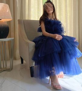 Elegant Long Blue Scalloped Evening Dresses A-Line Sleeveless Lace Up Back Ankle Length Prom Dresses Robe De Soiree Formal Party Gown for Women