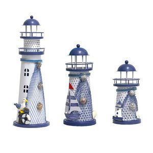 Mediterranean Style LED Lighthouse Iron Figurine Nostalgic Ornaments Ocean Anchor for Home Desk Room Wedding Decoration Crafts356K