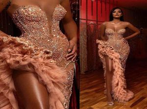 Champagne Blush Mermaid Prom Dresses Sparkly Beaded Ruffles High Slit Sweetheart Arabic Evening Dress Occasion Gown vestidos de no5058955