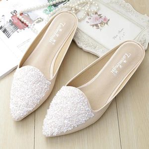 Rozmiar Kampy Kampy 33-43 Plus 918 Modne Bling Sequins Flats Slajdes Lady Pearl Biała Biała Slipony Lekkie Kryształ Crystal 17