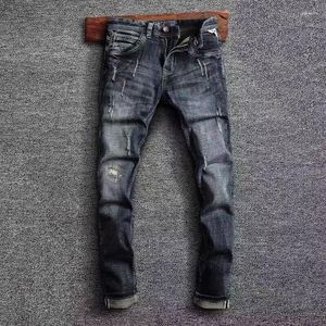 Jeans da uomo Ly Designer Moda Uomo Retro Nero Blu Elastico Slim Fit Pantaloni denim casual vintage strappati sfilacciati Hombre