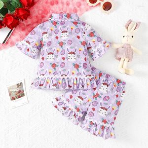 Kläduppsättningar Småbarn Baby Girl Easter Pyjamas Set Short Sleeve Print Button Down Shirt Top Shorts Outfits Ruffle Sleepwear