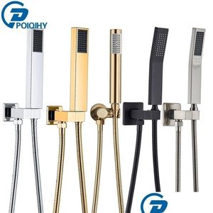 Душевые лейки для ванной комнаты Poiqihy Golden Handshower Head 150Cm Нержавеющая сталь Шланг для душа Пластиковый кронштейн Смеситель Настенный аксессуар 22 Dhc7Q