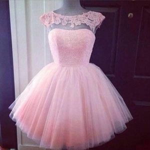 2016 Bonito Curto Formal Vestidos de Baile Rosa Pescoço Alto Ver Através Barato Júnior Meninas Vestidos de Festa de Formatura Prom Homecoming Gowns194G