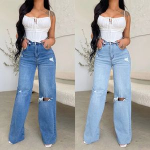 Fall Womens High Waist Ripped Jeans Fashion Loose Denim Wide Leg Pants Casual Female Trousers S-2XL Drop 240311