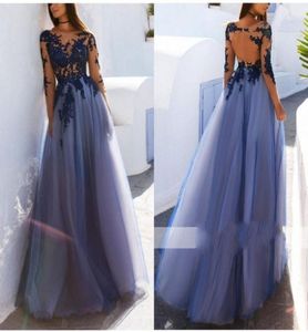 2022 Blue Aline Empire Waist Prom Dress With Illusion Long Sleeve 3D Floral Applique Bateau Open Back Formal Gowns Evening Dress 3691055