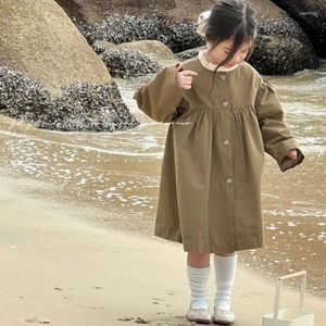 Coat Honeycherry Girls Koreli Dantel Yaka Trench Bahar Kıdemli Mizaç Ordu Green'in Uzun Bölümünde