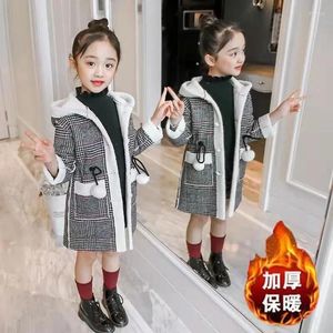 Jackets 2024 Autumn Winter Girls Hairy Coat Fashion Design Long Kids Outerwear Grid Pattern Warm Jacket Coats 4-12Years