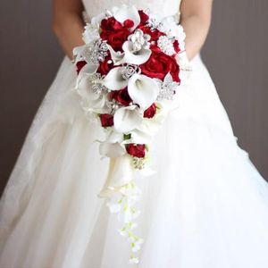 Wedding Flowers 2021 Waterfall Red Bridal Bouquets Artificial Pearls Crystal Bouquet De Mariage Rose3328