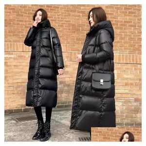 Mulheres para baixo parkas mulheres para baixo preto brilhante parka casaco moda engrossar inverno com capuz solto longo jaqueta feminina à prova de vento à prova de chuva w dh5o3