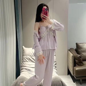 Kadın pijama tatlı dantel trim gece kıyafetleri kadın saten cami toppants pijamalar açık mor pijama seti 3 parçalı bahar ev kıyafetleri