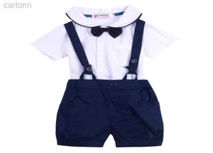 Kläder sätter nyfödd baby pojke tjej outfit set sommar kort ärm bomull kostym barn t -shirt totalt bib pant bowknot ldd240311