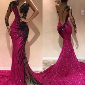 Shoulder One Sequins Mermaid Celebrity Evening Tulle Long Sleeve Lace Applique Sweep Train Formal Party Prom Dresses