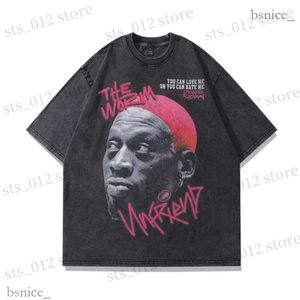 Herr t-shirts groda drift mode vintage lös basket grafisk retro tvätt sommar masken dennis rodman överdimensionerade tee t-shirt toppar män 196