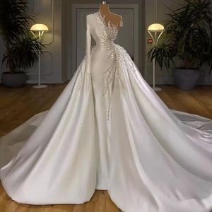 Luxurious Satin Wedding Dresses With Pearls Beads Elegant One Shoulder A-line Bridal Gowns Pleats Ruffles Long Vestidos de novia