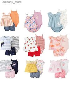 T-shirts 3 Pieces Baby Girls Clothing Set 2024 Summer Infant Girls Tops+Bodysuit+Shorts Soft Cotton Bebe Girls Clothes Outfits Super Cute L240311