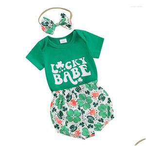 Clothing Sets Infant Baby Girl St Patricks Day Outfit Shamrock Romper Tops Clover Shorts Set Born Irish Clothes Drop Delivery Kids Mat Othm5