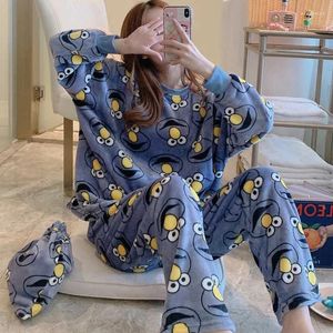 Conjuntos de pijamas femininos pijamas de flanela para mulher calças de manga comprida conjunto de duas peças dos desenhos animados pijamas quentes loungewear feminino