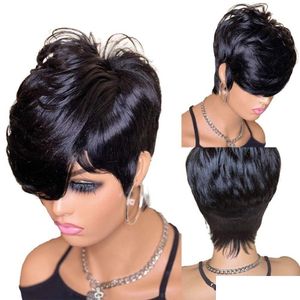 Ludzkie włosy peruki bez skrótu pixie falisty indyjski bob no koronkowy peruka z grzywką dla czarnych kobiet fl hine produkty dostarczane z upuszczeniem OTBQ5