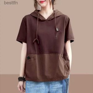 T-shirt da donna 100% cotone T-shirt da donna Casual T-shirt patchwork vintage Art con cappuccio T-shirt corta a maniche lunghe T-shirt oversize allentata tendenza estiva Y2k 240311