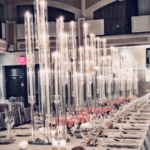 Portacandele Centrotavola per matrimoni Tubi acrilici alti Candelabri di cristallo di uragano per supporto da tavolo con paralume Yudao98262F