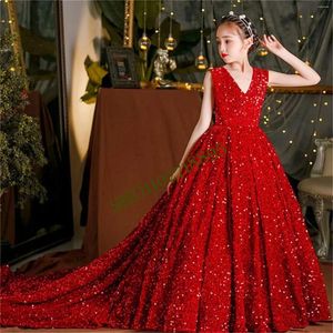 Girl Dresses V-neck Sequins First Communion Gowns Sleeveless Princess Red Angel Flower Girls Dress For Wedding Party Ball Beauty Pageant