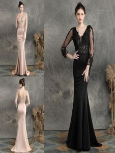 Fashion Champagne Black Evening Mother of the Bride Groom Dresses with 34 Long Illusion Lace Sleeves Beaded V neck Mermaid Satin7113959