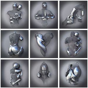 Silver Metal Figure Statue Wall Art Canvas Painting Romantic Lover Sculpture Poster Picture for Living Room Home Decor Print No F2296