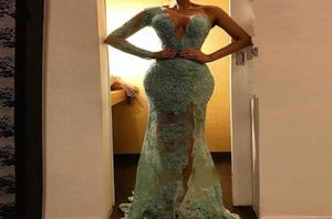 Extra Small Mint Green Lace Evening Prom Dresses One Shoulder Sleeves Lace Applique Beads High Slit Special Occasion Dress Formal 1833365