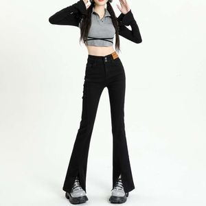 Jeansy Women's Spring 2024 Wysoka talia podzielona prosta elastyczna Slim Fit Black Short Micro Flare Pants Dżinsy