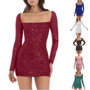 Casual Dresses Spring Long Sleeve Square Neck Sequin Mini Dress for Women Elegant Glitter Hoilday Party Prom Bodycon Club Short