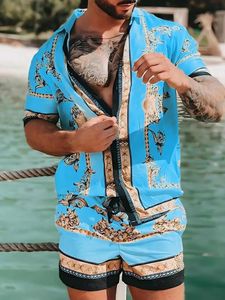 Винтажные мужские рубашки, комплекты летних комплектов с золотым принтом лошади, пляжная рубашка с коротким рукавом, шорты, повседневные мужские гавайские костюмы из 2 предметов, S5XL 240227