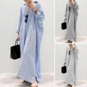 Casual Dresses Shirt Type Dress Loose Fit Striped Print Lapel Maxi For Women Plus Size Long Sleeve With Split Hem Soft