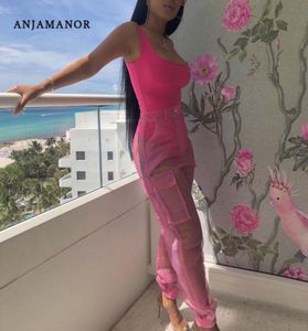 Anjamanor Sexig tvådelar Set Bodysuit Top och Mesh Pants Neon Pink Green Summer 2 Piece Club Outfits Matching Set D59AB72 T200625997033