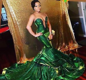 Glitter Green Mermaid Prom Dresses 2022 Sexy Backless Sweetheart Plunging V Neck Long Ruffles Evening Party Gowns Formal BC11562464345