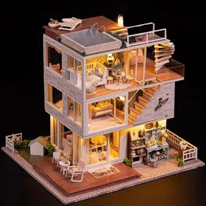 DIY Große Prinzessin Loft Puppenhäuser Kit Zusammengebaute Miniatur mit Möbeln Mädchen Casa Puppenhaus Spielzeug für Kinder Erwachsene Geschenke 240304