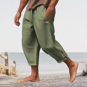 Calças masculinas com cordão de linho cortado com cintura elástica virilha profunda cor sólida bolsos soltos macios para férias