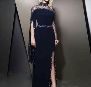 Formal High Neck Navy Blue Evening Dresses kaftan Dubai Beaded Long Sleeve Party Gowns Modest robe de soiree Split Prom Dress1861910