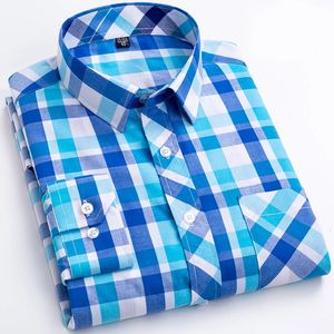 Plus Size S-8xl Mens Plaid Shirt Lång ärm 100% Cotton Casual Slim Buttons Business Social Dress Shirts Blus Mänkläder 240306